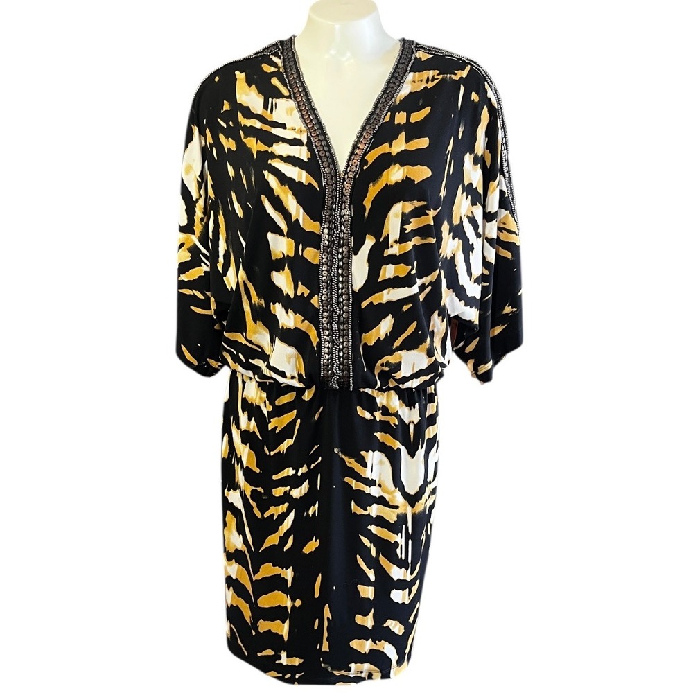 Boston Proper Zebra Print Beaded V Neck Dolman Sleeve Sheath‎ Dress